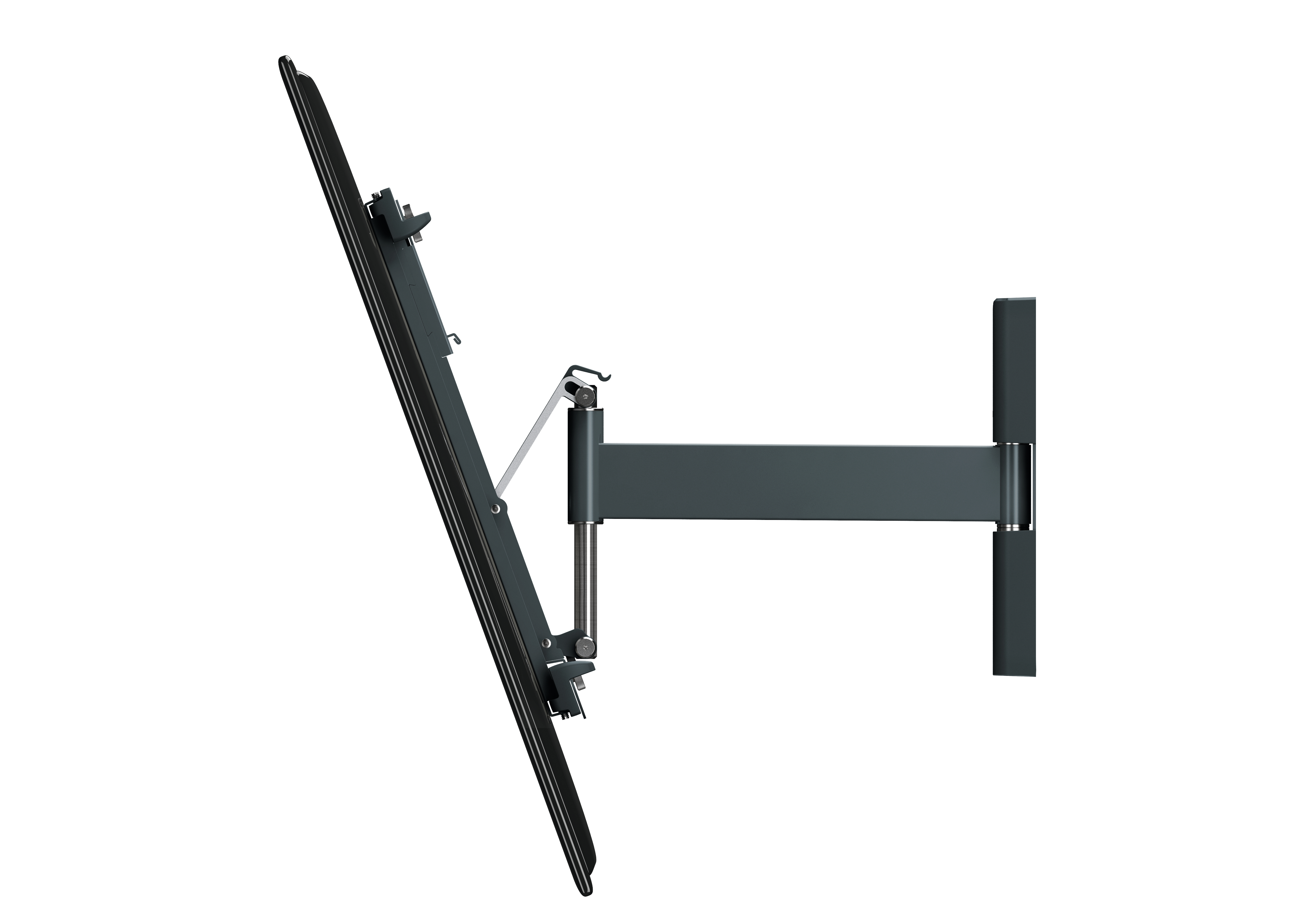 Eine TV-Halterung ist von der Wand ausgefahren, mit einem TV befestigt und abgewinkelt.