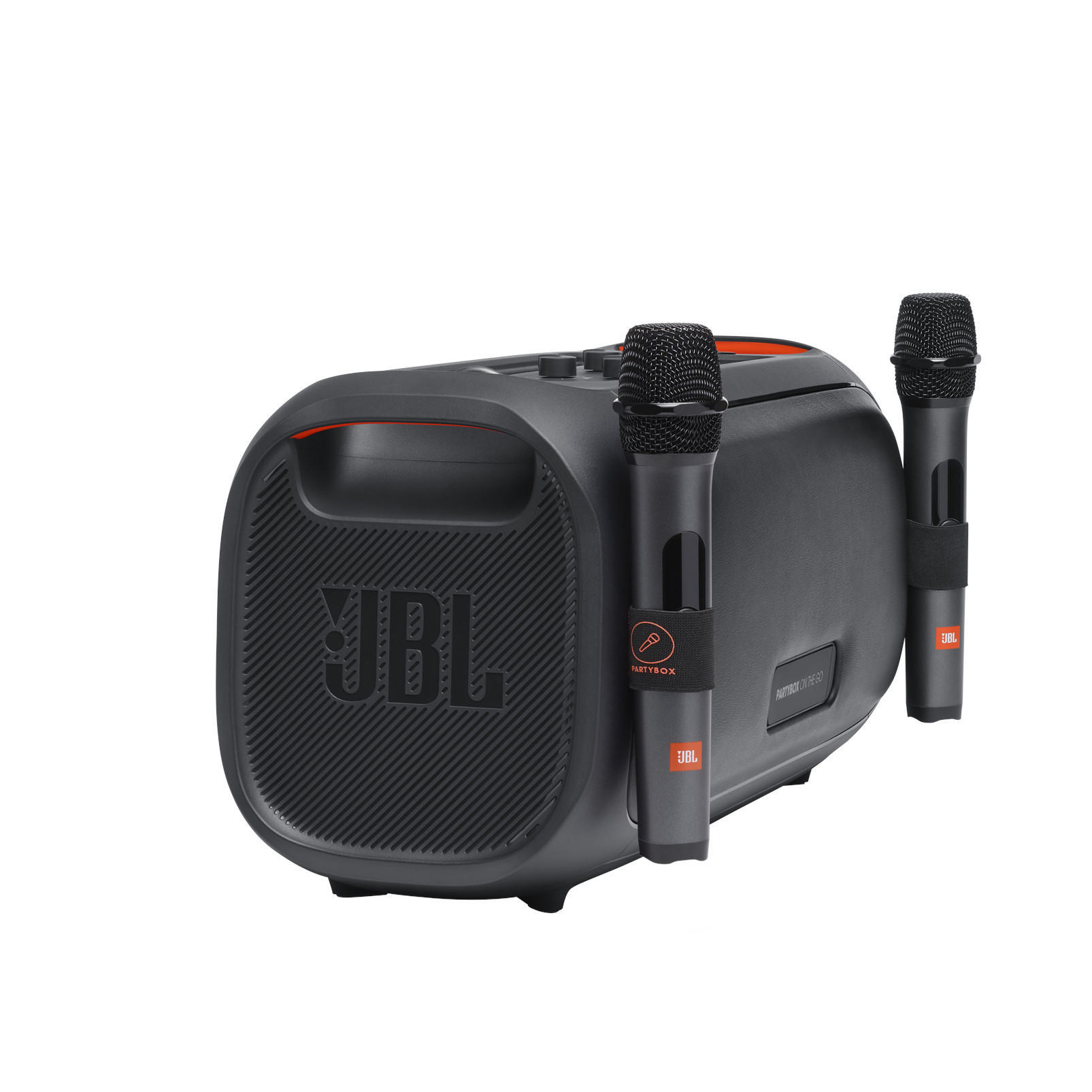 Schwarzer Lautsprecher mit zwei angeschlossenen Mikrofonen. JBL PartyBox-Text ist sichtbar.