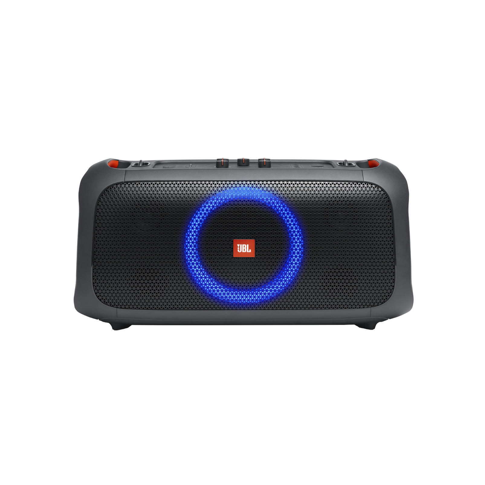 Schwarzer JBL-Lautsprecher mit blauem Lichtring. Orangefarbene Akzente. Front mit schwarzem Gitter.