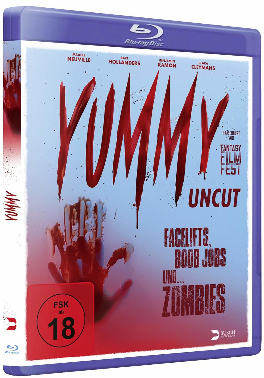 Blu-ray-Hülle mit dem Titel 'YUMMY' in Rot, mit Bluttropfen und einem Handabdruck.