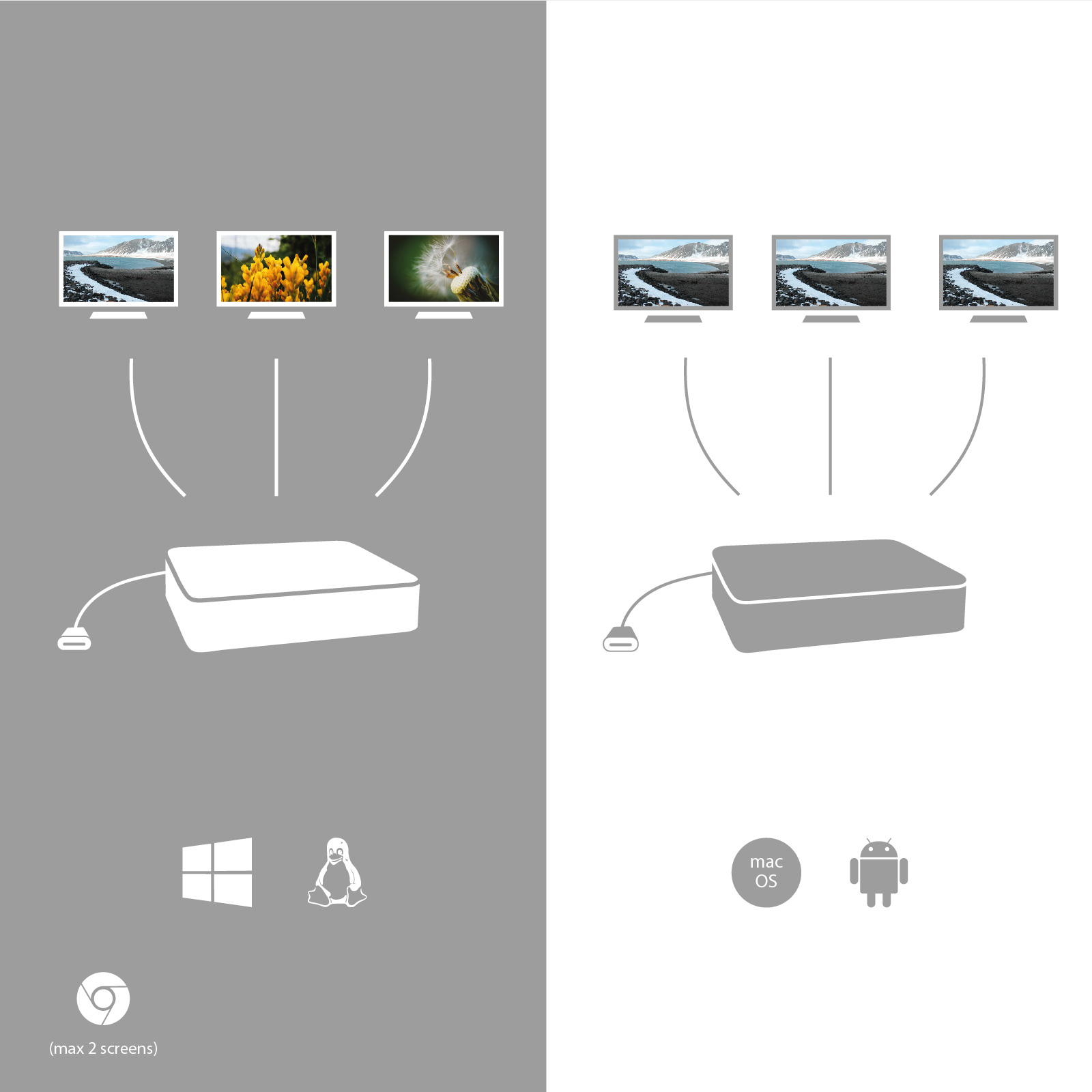 Diagramm eines Geräts, das mit Bildschirmen verbunden ist. Windows- und Linux-Logos sowie Mac- und Android-Logos sind sichtbar.