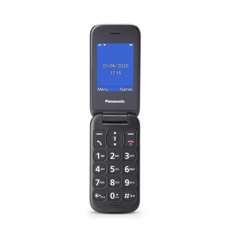 Teléfono plegable negro, abierto, mostrando una pantalla con fecha y hora.
