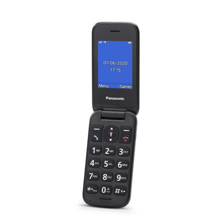 Un teléfono plegable de Panasonic, que muestra la fecha y hora. La pantalla es azul.