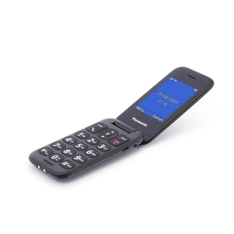 Teléfono plegable negro, abierto, mostrando pantalla con información de fecha y hora.