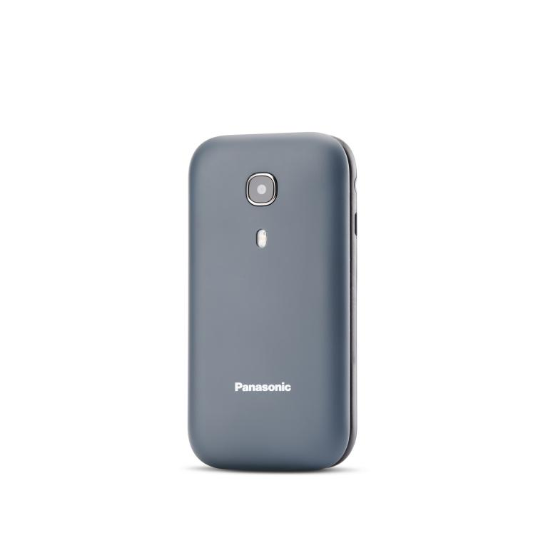 Un teléfono plegable Panasonic gris, cerrado, con cámara.