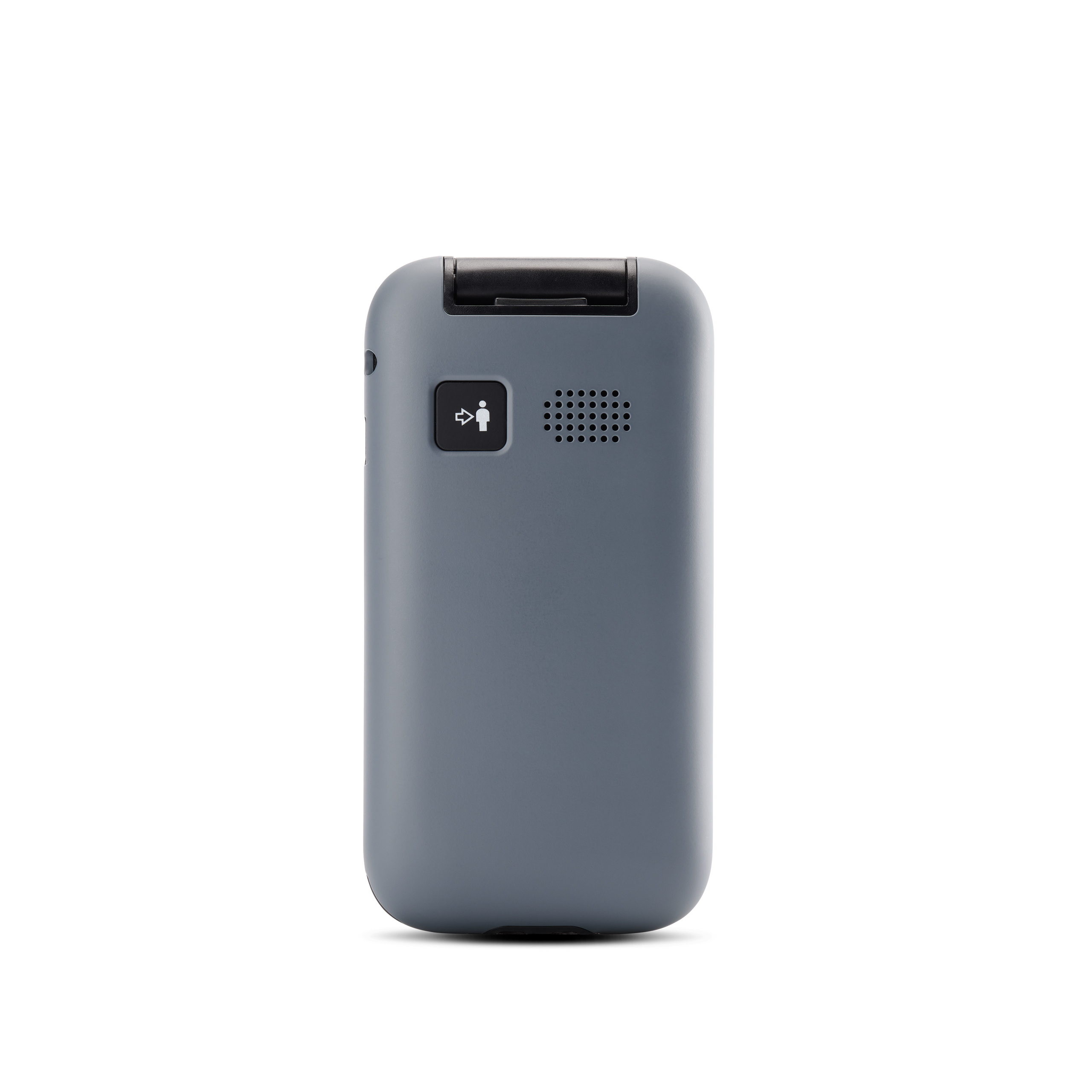 Un teléfono gris con esquinas redondeadas y un icono de flecha y persona.