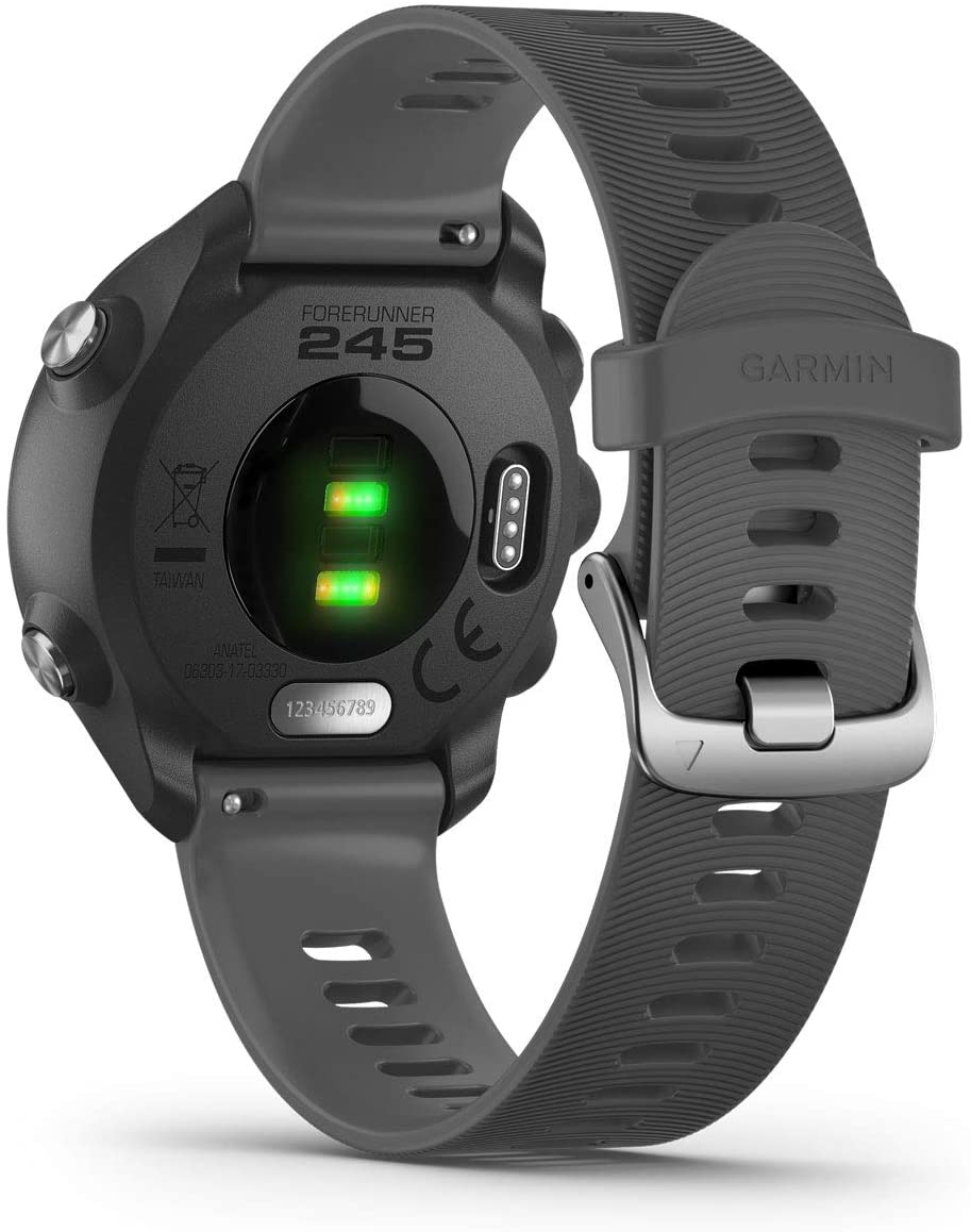 Reloj Garmin Forerunner 245 negro, mostrando la parte trasera con sensores y correa.