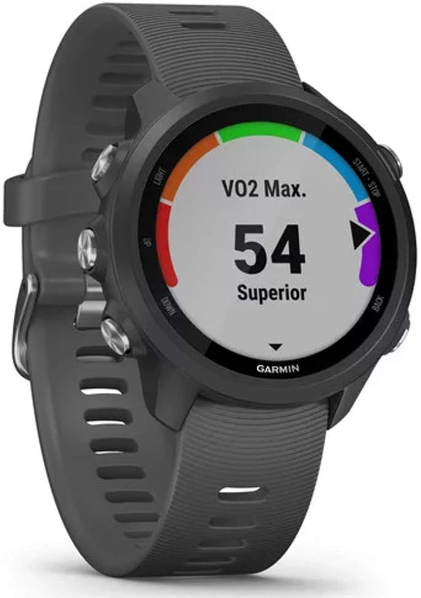 Reloj inteligente. La pantalla muestra el VO2 máximo y la frecuencia cardíaca del usuario. Reloj negro, correa gris.