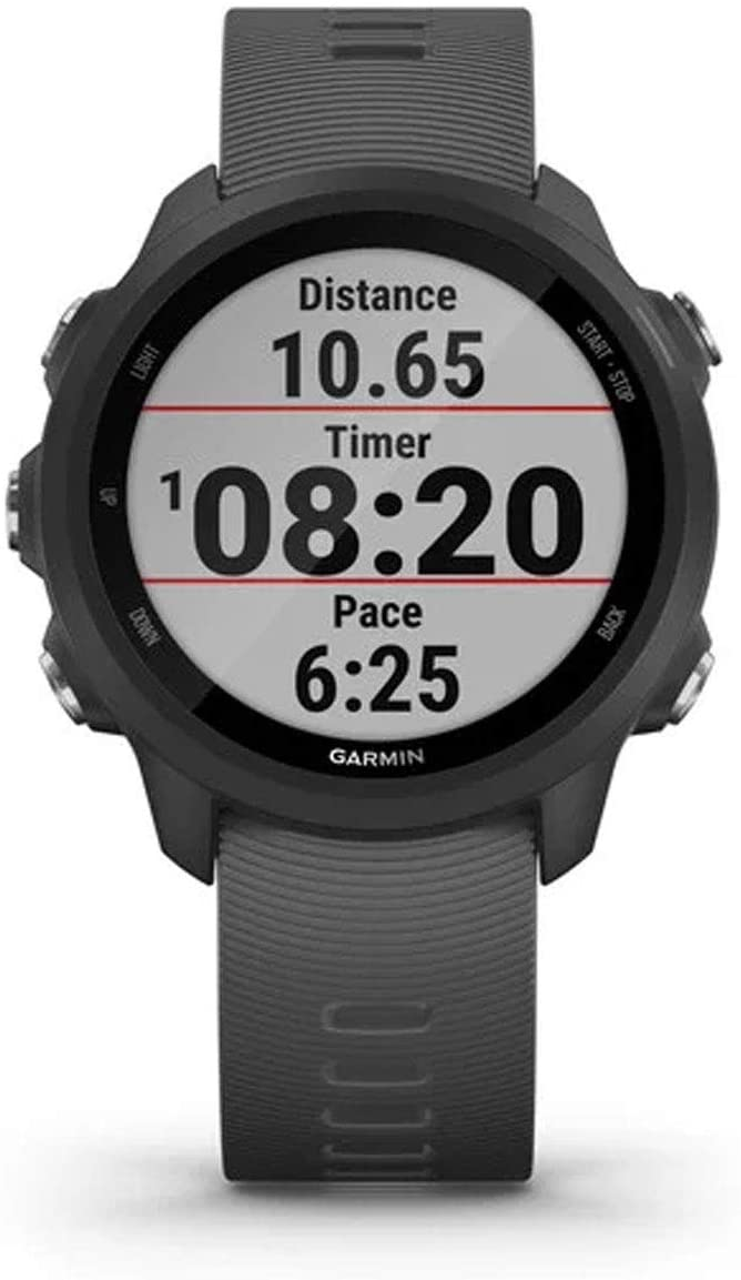 Reloj inteligente Garmin negro que muestra métricas de distancia, temporizador y ritmo.