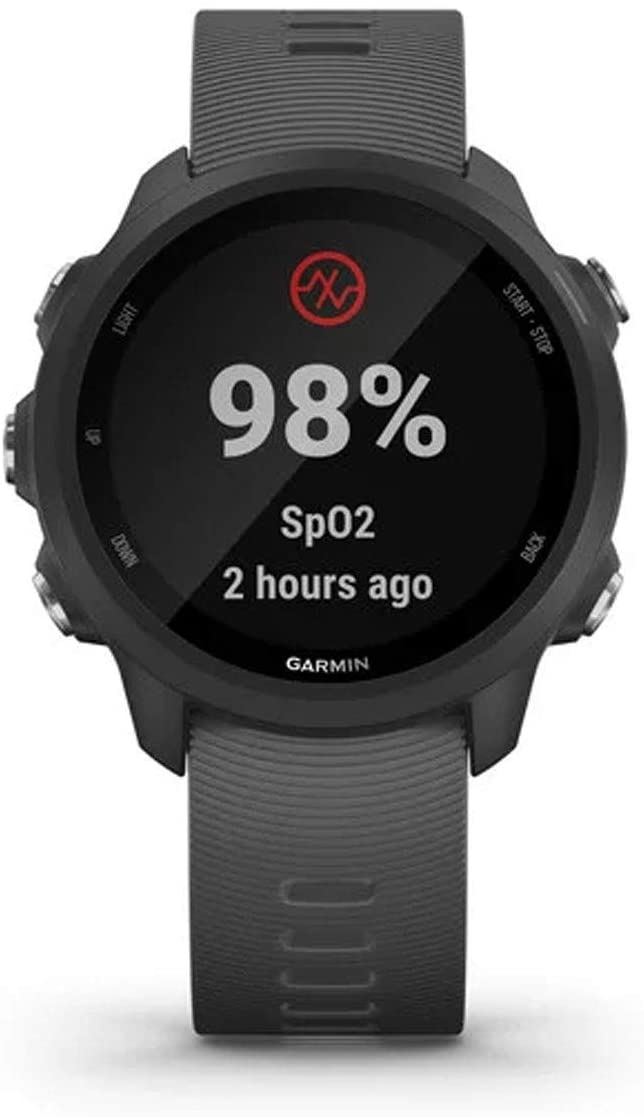 Smartwatch Garmin mostrando el nivel de SpO2. Reloj gris oscuro con pantalla negra.