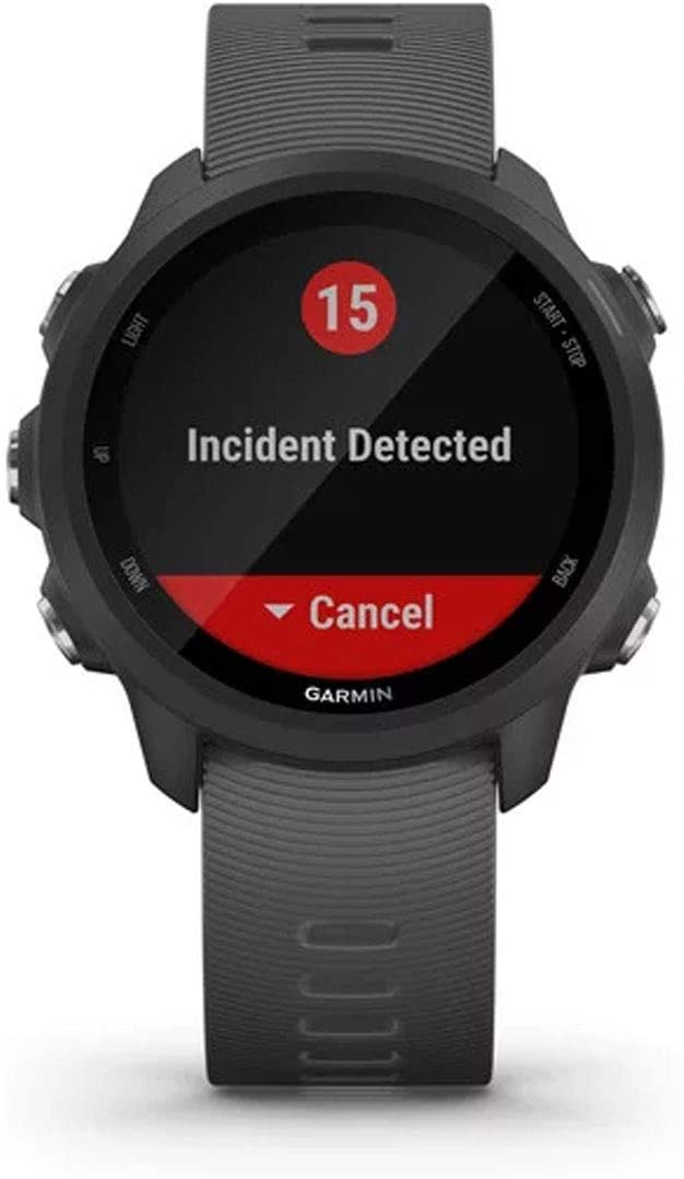 La pantalla del reloj inteligente Garmin muestra incidente detectado y el botón cancelar.