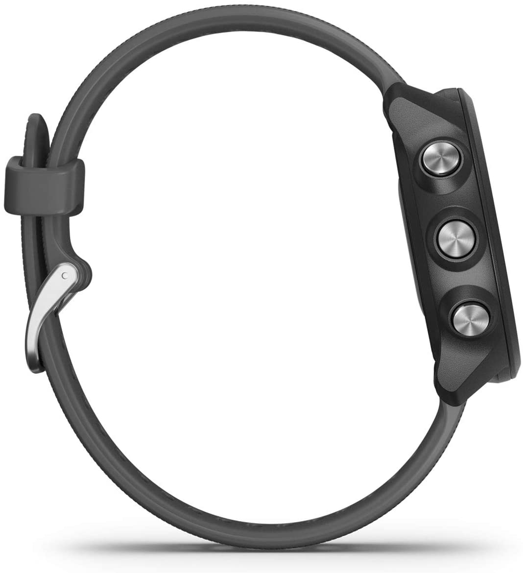 Smartwatch Garmin con correa gris. Tres botones en el lado derecho.