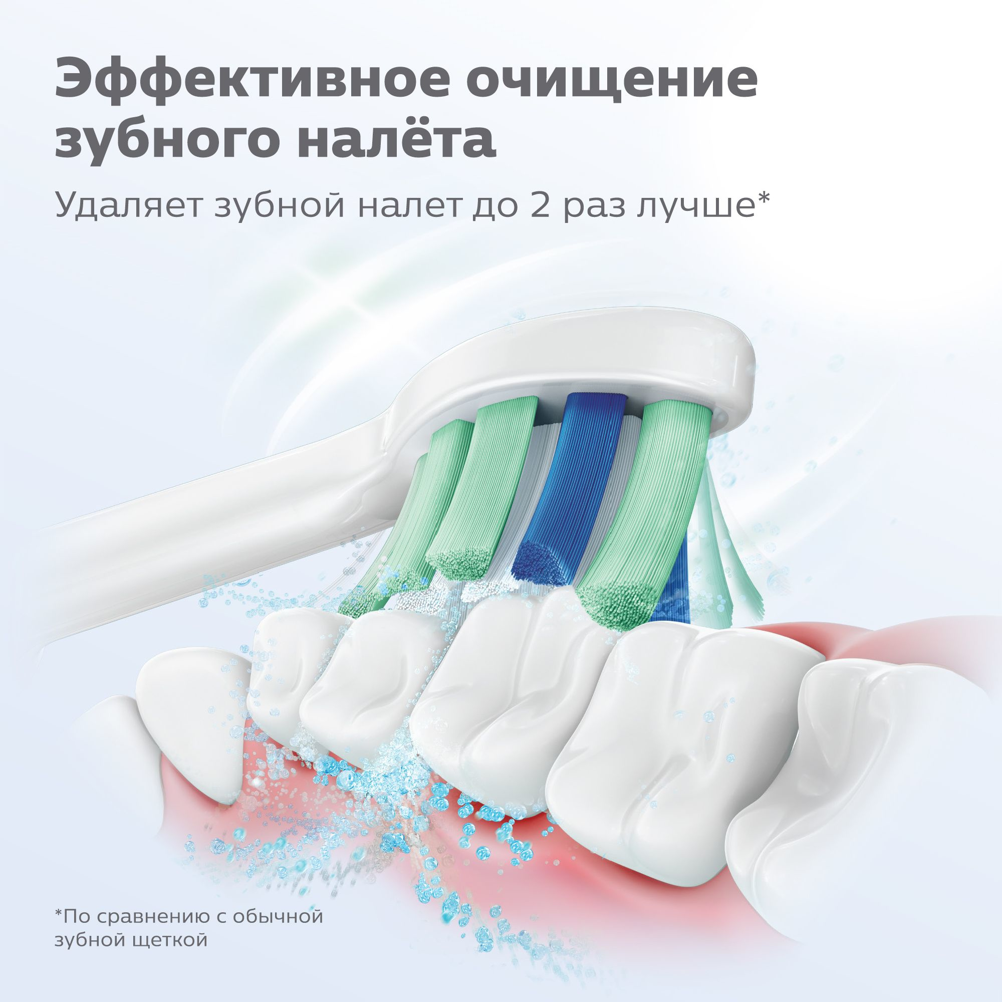 Close-up of toothbrush head cleaning teeth, with blue and green bristles.