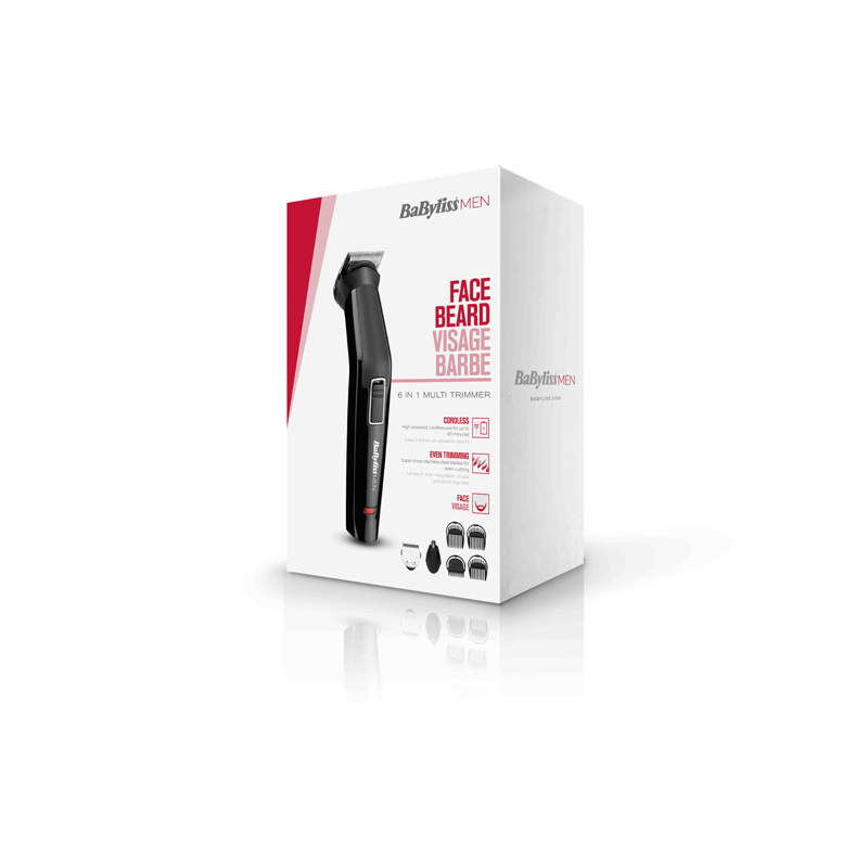 Een witte doos met een zwarte en rode Babyliss Men trimmer, productinfo weergegeven.