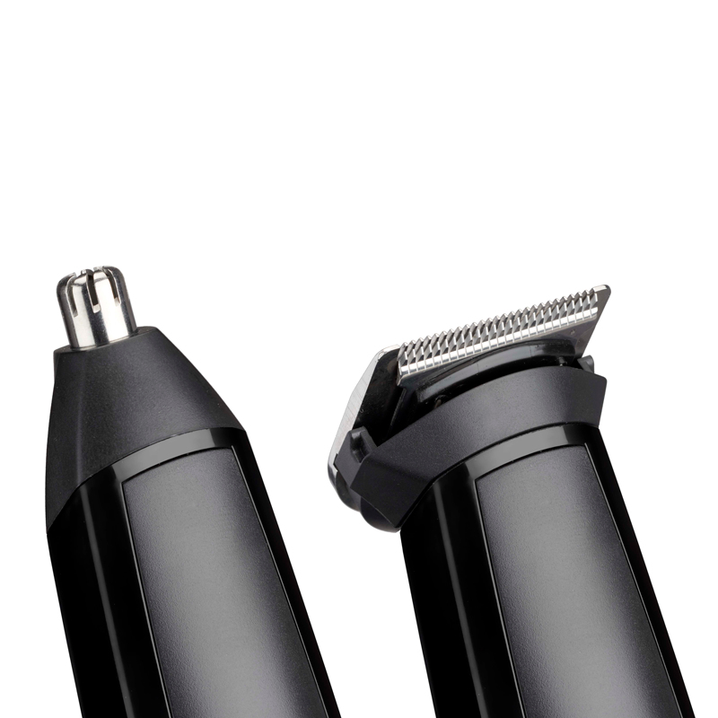 Twee zwarte verzorgingsgereedschappen: een neushaartrimmer en een baardtrimmerkop, met een witte achtergrond.