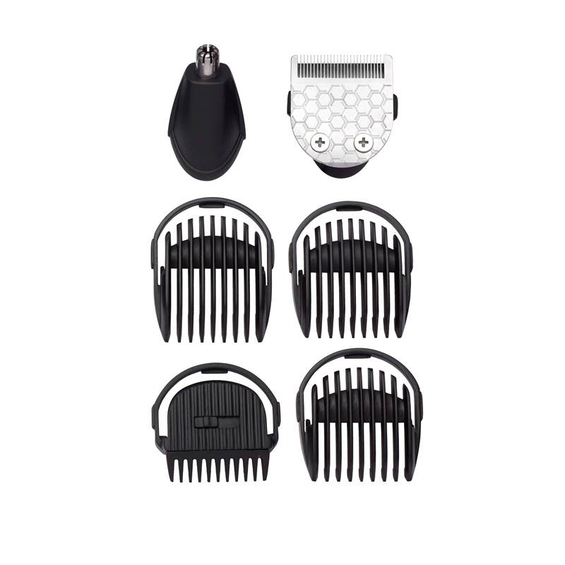 Een set Philips grooming-opzetstukken: een trimmer, een scheerapparaat en diverse kamopzetstukken.