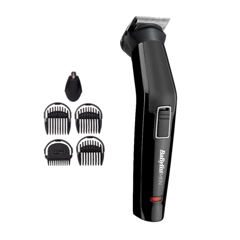 Zwarte BabylissMEN baardtrimmer met opzetstukken. De trimmer staat op een witte achtergrond.