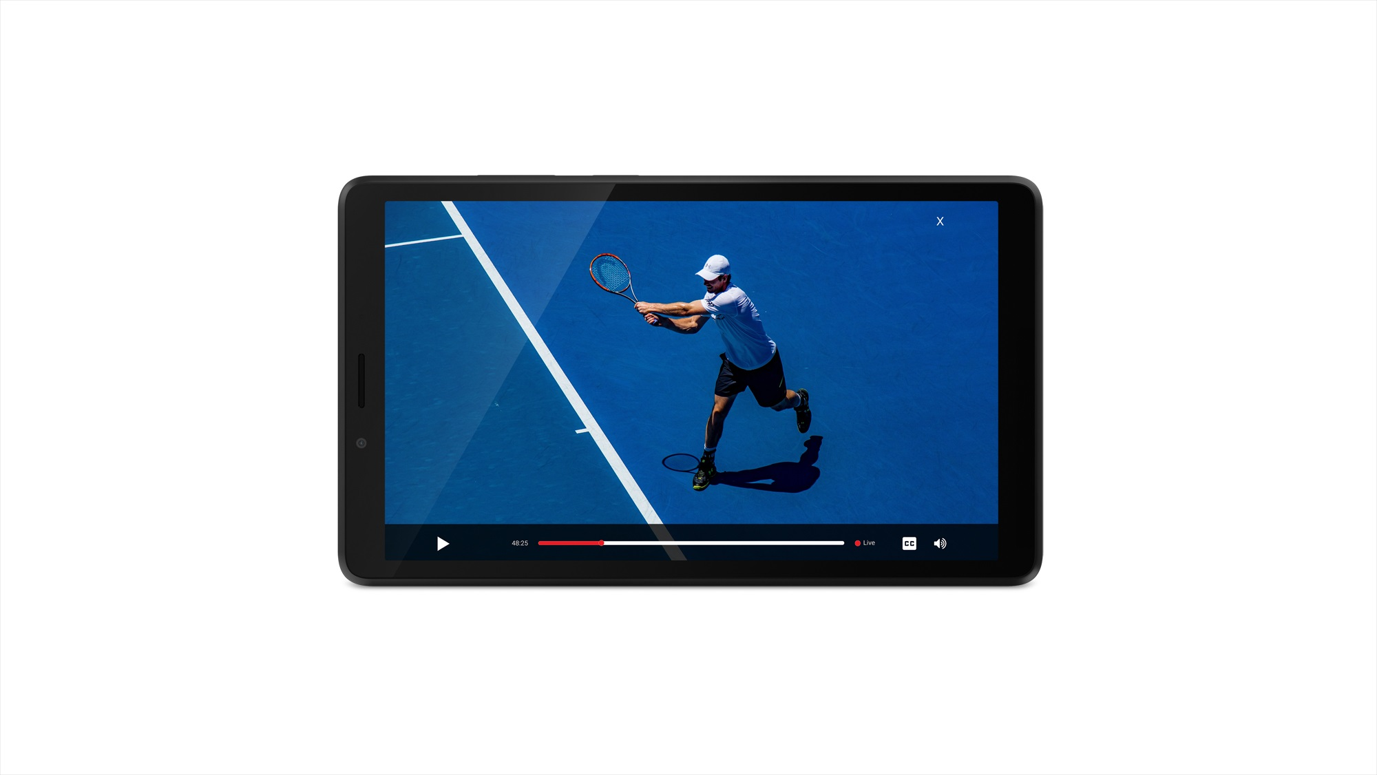 Tenis maçı videosu gösteren tablet. Mavi kort arka planı.