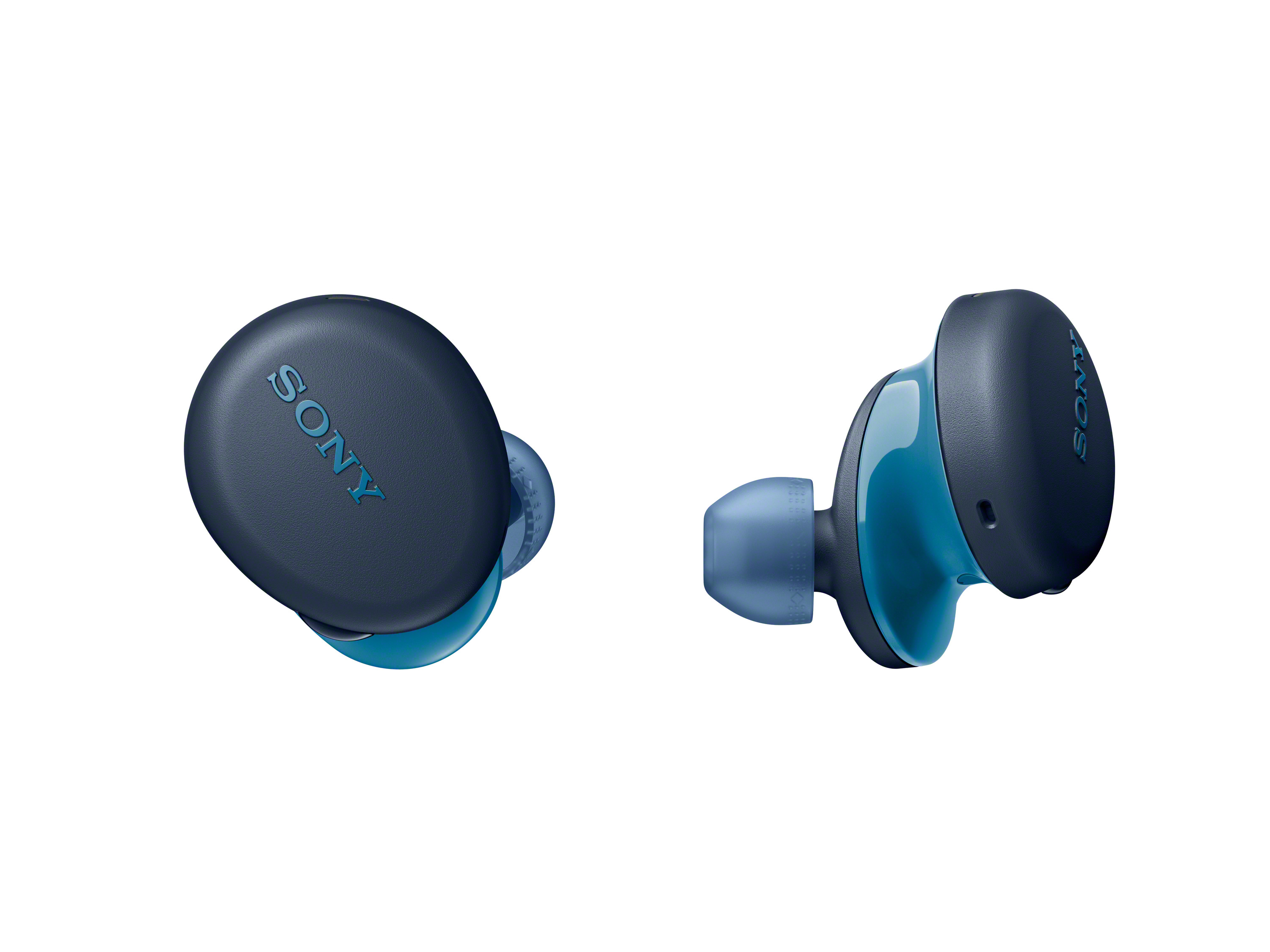 İki mavi ve siyah Sony kulaklık. Biri Sony logosunu gösteriyor.
