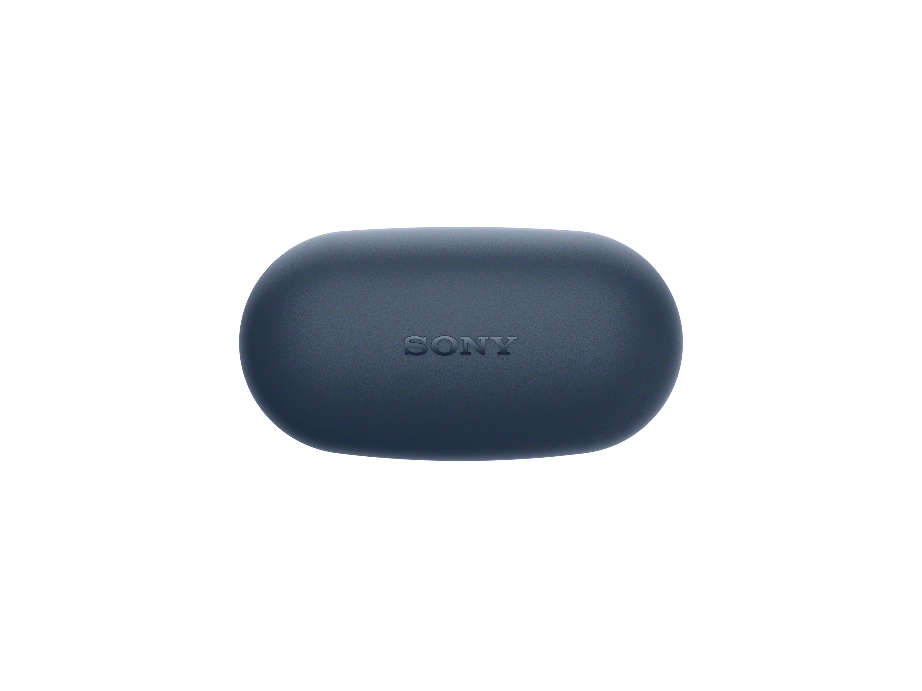 SONY kabartmalı, koyu mavi oval kulaklık şarj kutusu.