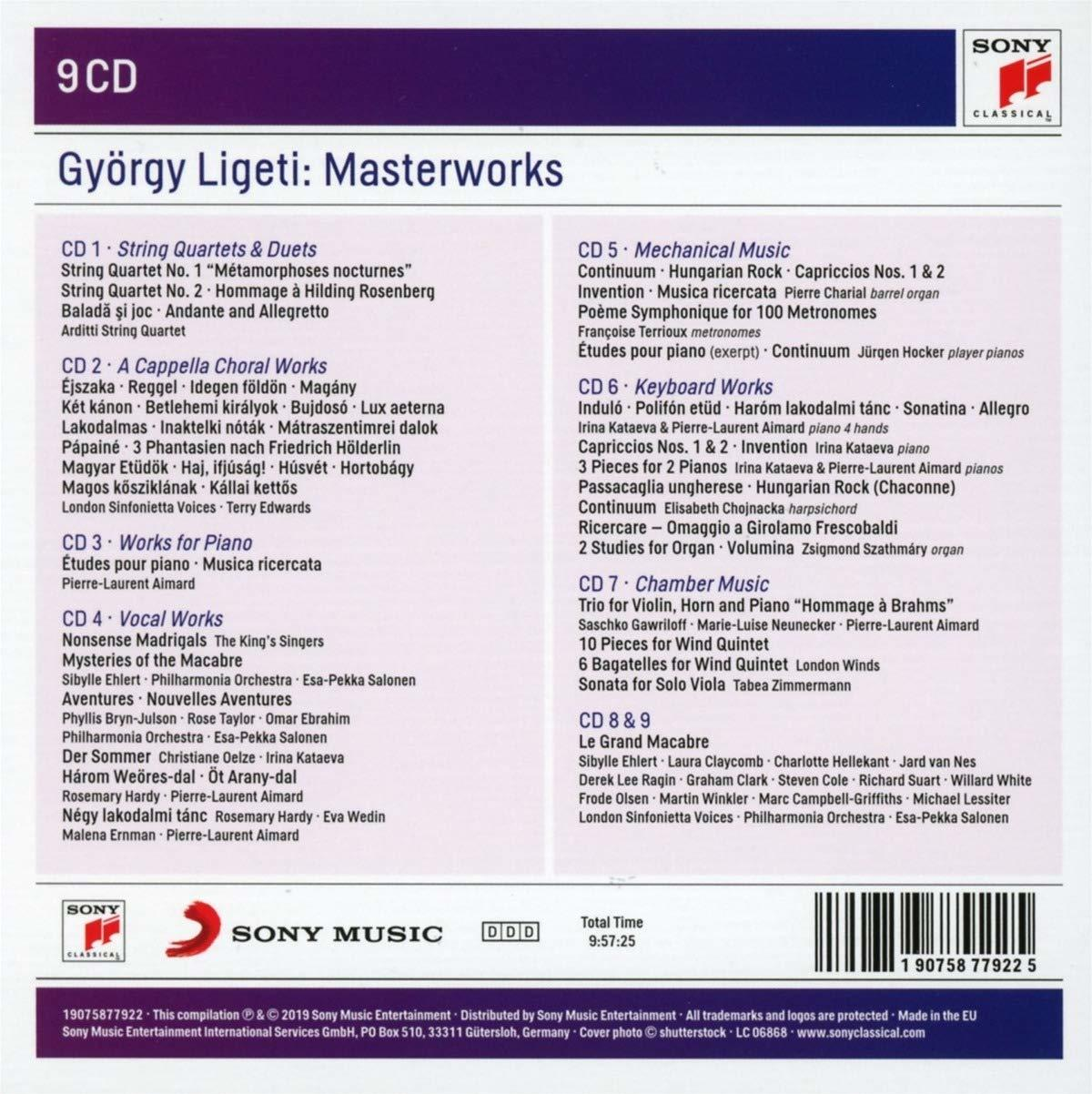 György Ligeti: Masterworks CD-borítója, számokkal és stáblistával.
