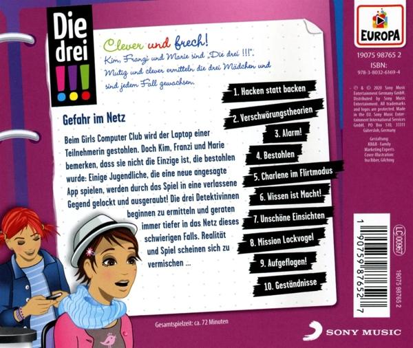 Die Rückseite eines Buches mit dem Titel 'Die drei !!!' mit Illustrationen und Text auf Deutsch.
