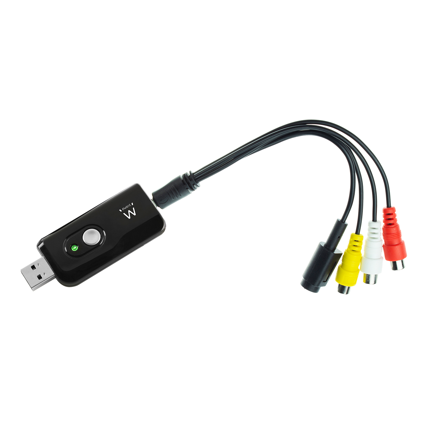 Black device with white 'W' logo and cables with colored connectors for audio/video.