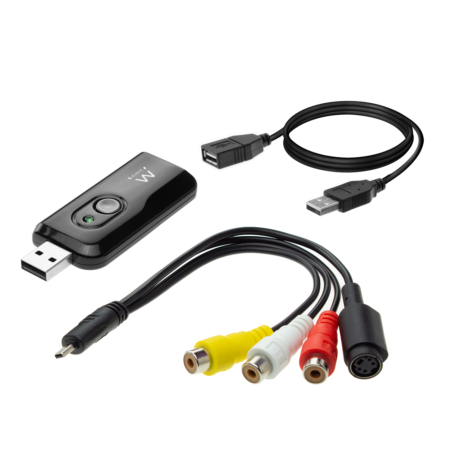 Black and silver USB device with multiple cable attachments on white background.