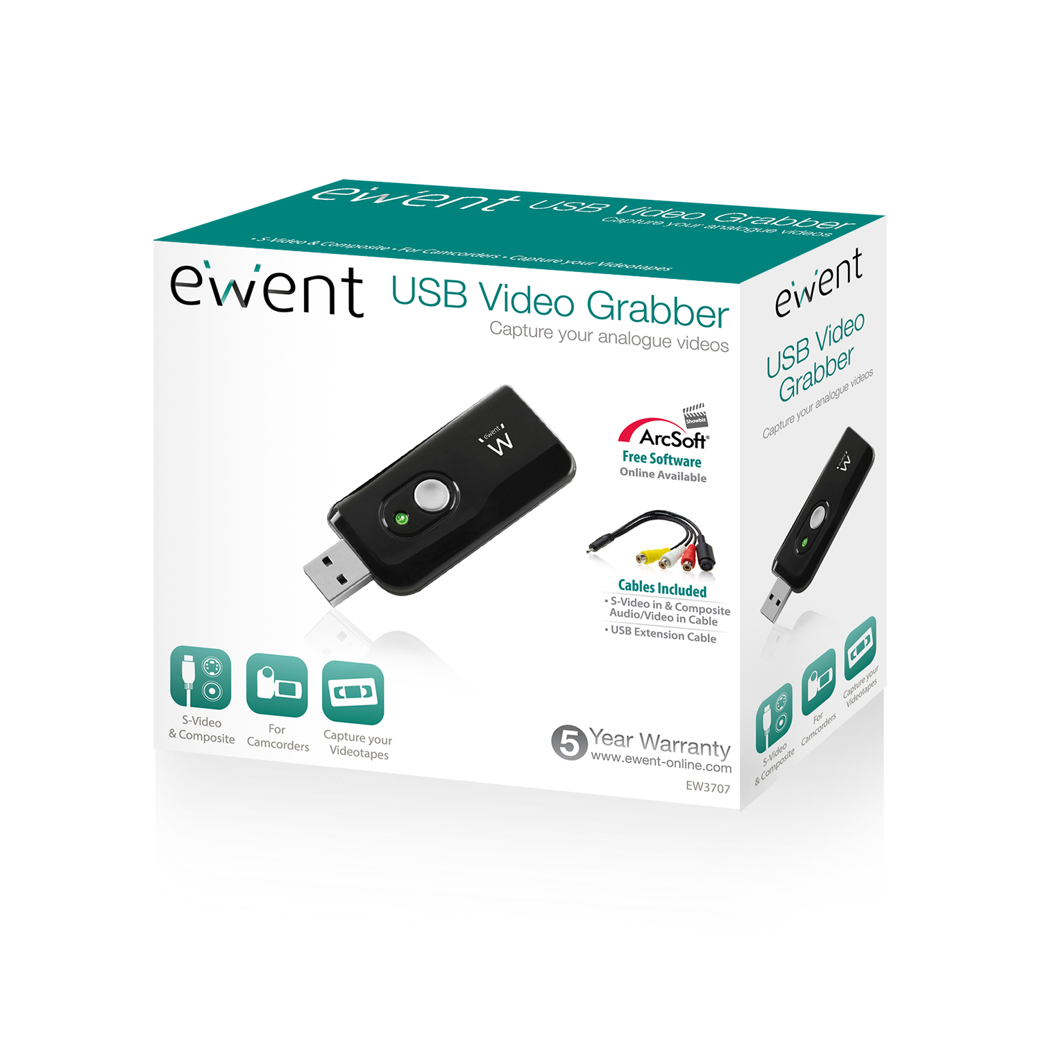 Box with USB video grabber, cables, and software. Features capture for analogue videos.