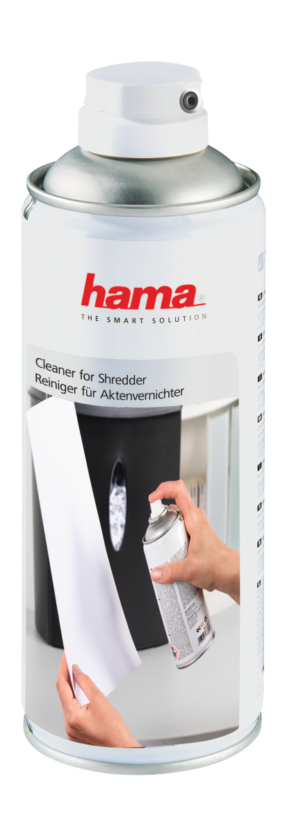 Hama Aktenvernichter-Reiniger-Sprühflasche mit einem Aktenvernichter im Hintergrund.