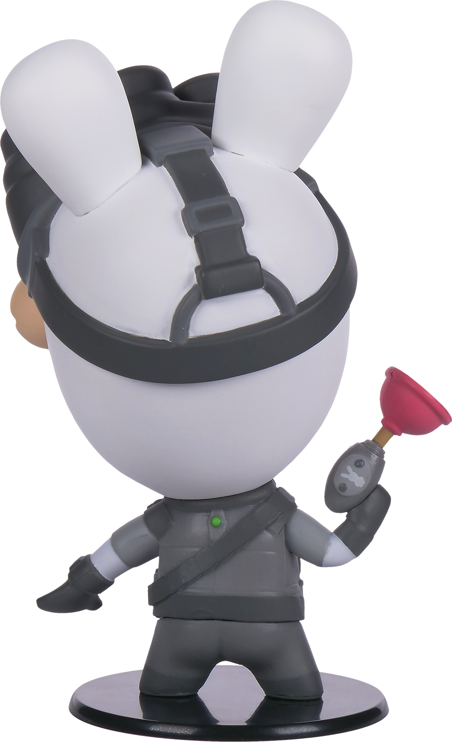 Figur von hinten, weißer Kopf, graues Outfit, hält einen Pömpel.