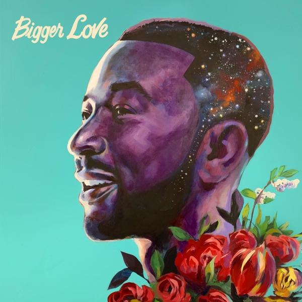 Ein Albumcover mit einem gemalten Porträt eines Mannes mit floralen Details, 'Bigger Love'.