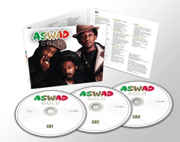 Ein CD-Albumcover mit drei CDs. Das Cover trägt den Titel 'Aswad Gold'.