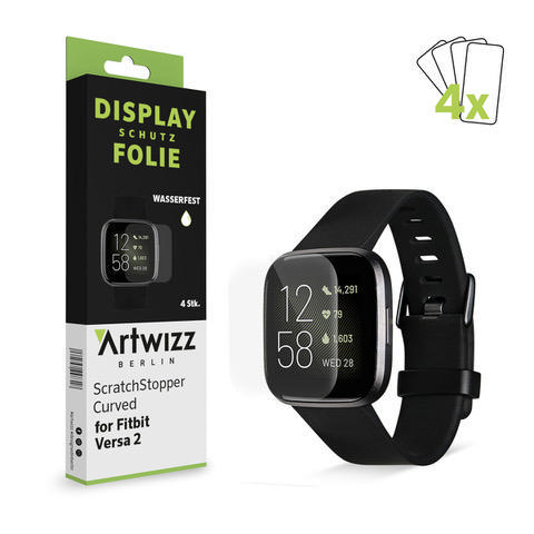 Displayschutzfolie für eine Fitbit Versa 2 Smartwatch, mit Uhr und Verpackung.