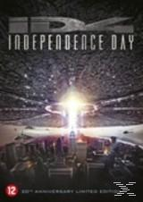 DVD-hoes: 'Independence Day', met een stad en een lichtstraal. Donkere ruimte achtergrond.