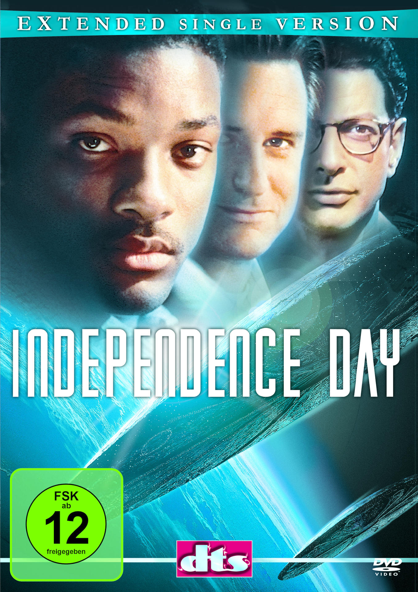 Filmposter. Drei Gesichter von Männern mit blauem Hintergrund. Text: Independence Day.