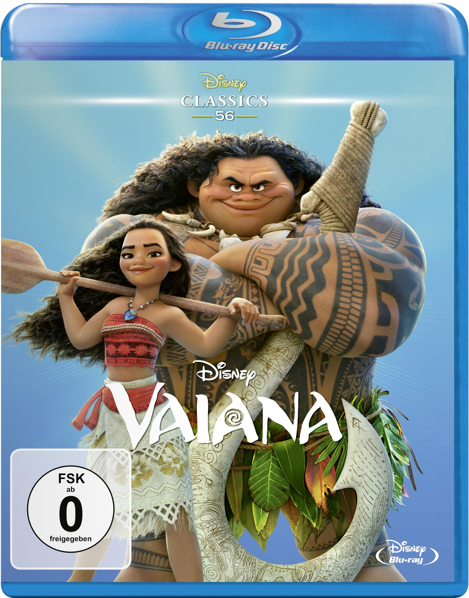 Moana & Maui auf Blu-ray-Cover. Moana hält ein Paddel, Maui-Tattoos. Blu-ray-Logo oben.