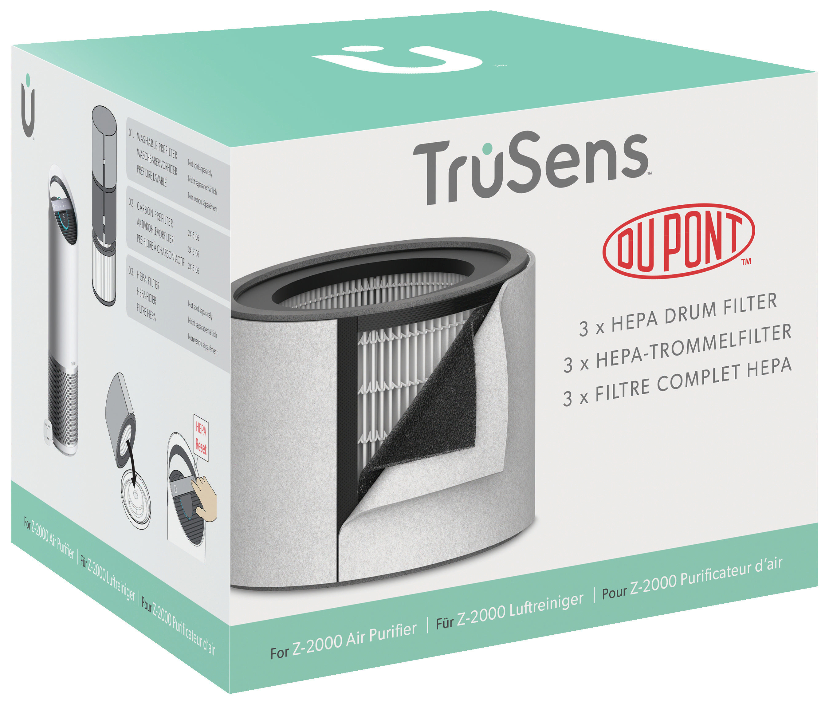 DuPont TruSens Luftfilterbox. Geöffnete Box mit Filter und Teilen, weißer Hintergrund.