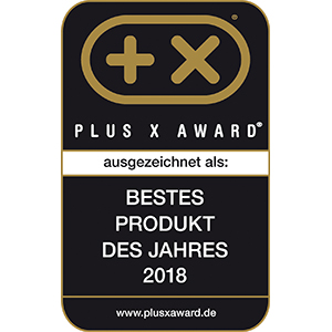 Ein schwarzer und goldener Plus X Award für das beste Produkt des Jahres 2018.