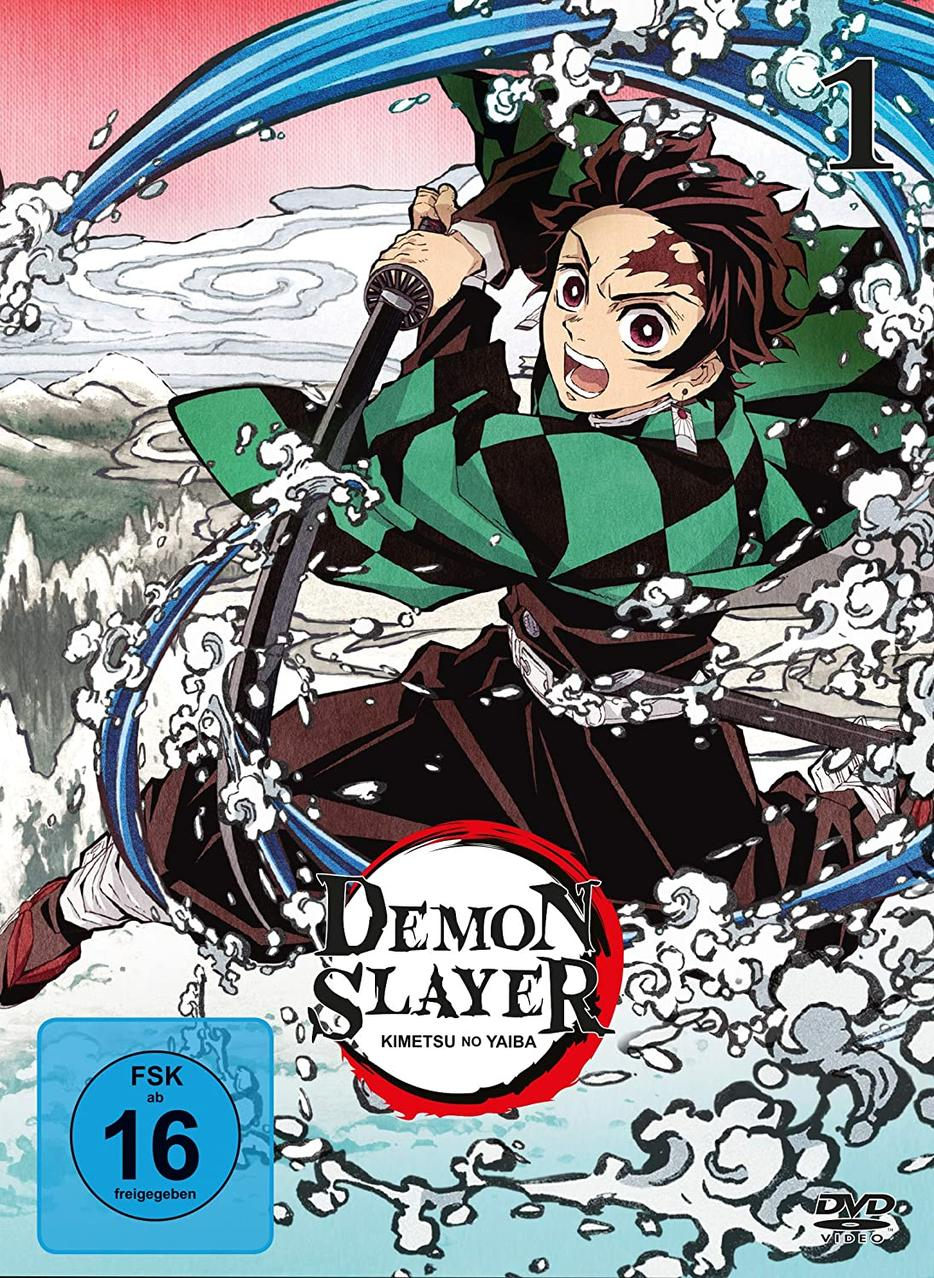 DVD-Cover für 'Demon Slayer: Kimetsu no Yaiba' mit Anime-Figur und Action-Szene.