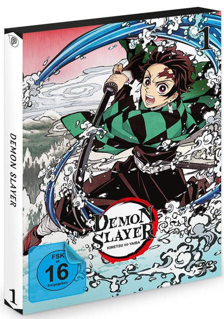 Demon Slayer Anime DVD-Box-Set. Buntes Kunstwerk eines Charakters mit Schwert.