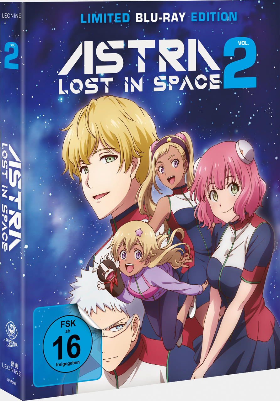 Anime-DVD-Cover mit mehreren Charakteren, Text und einem Weltraumhintergrund.