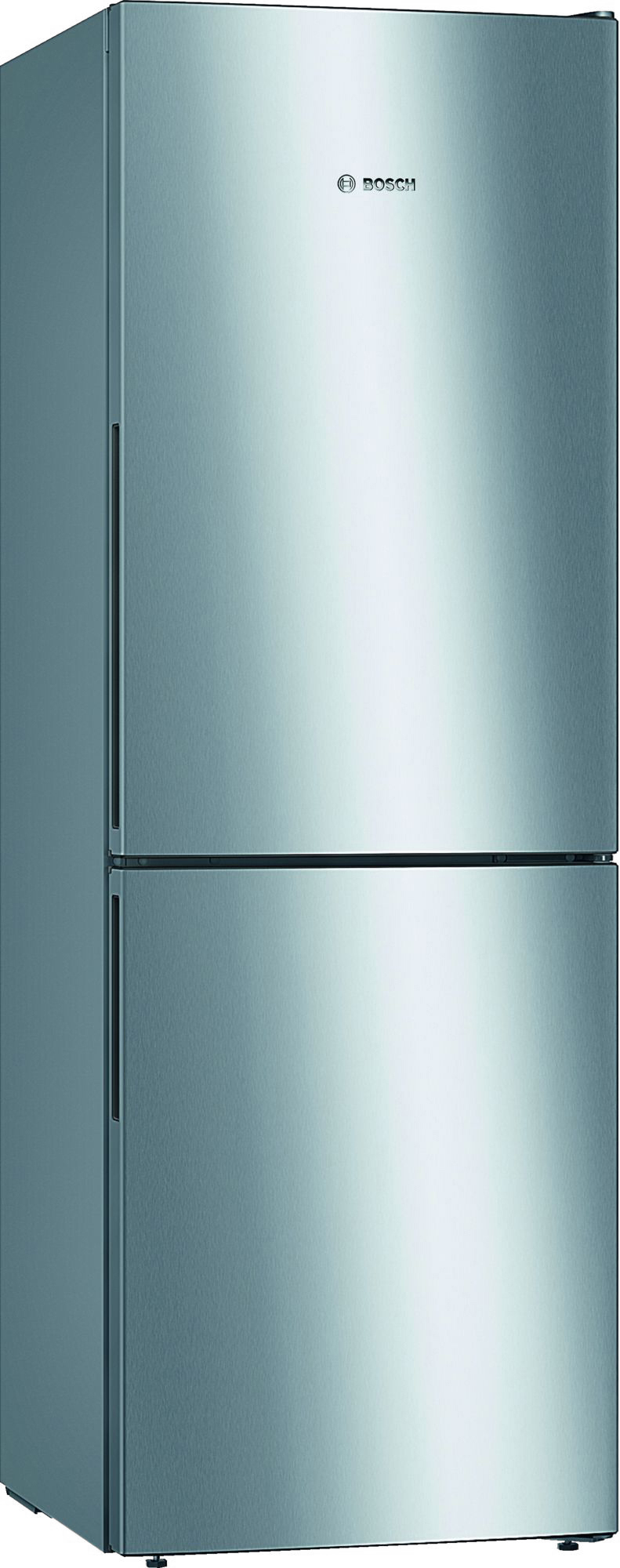 Ein silberner Bosch Kühlschrank mit zwei Türen, oben und unten. Es ist ein modernes, elegantes Design.