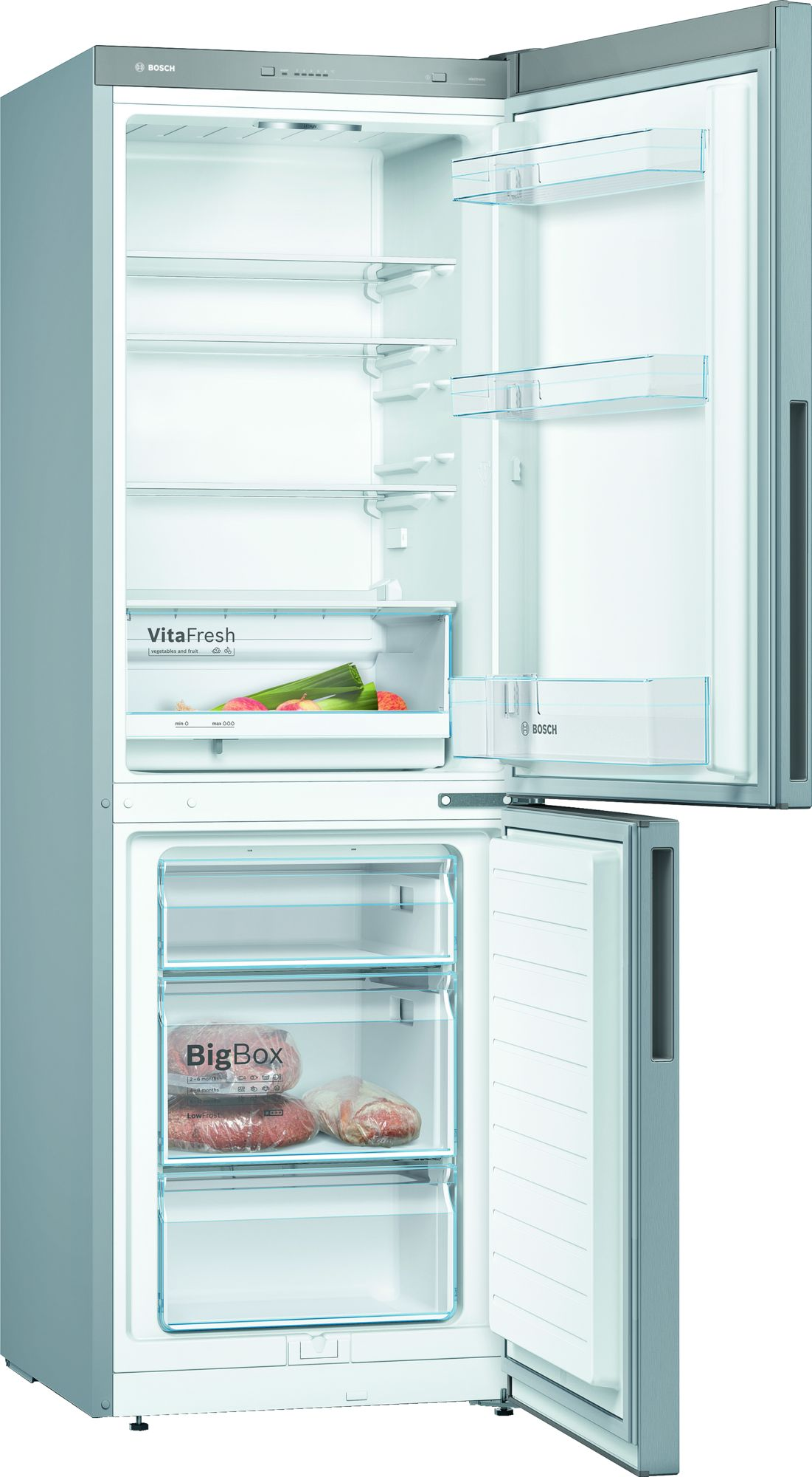Bosch Kühlschrank mit geöffneten Türen. Zeigt Kühl- und Gefrierfach.