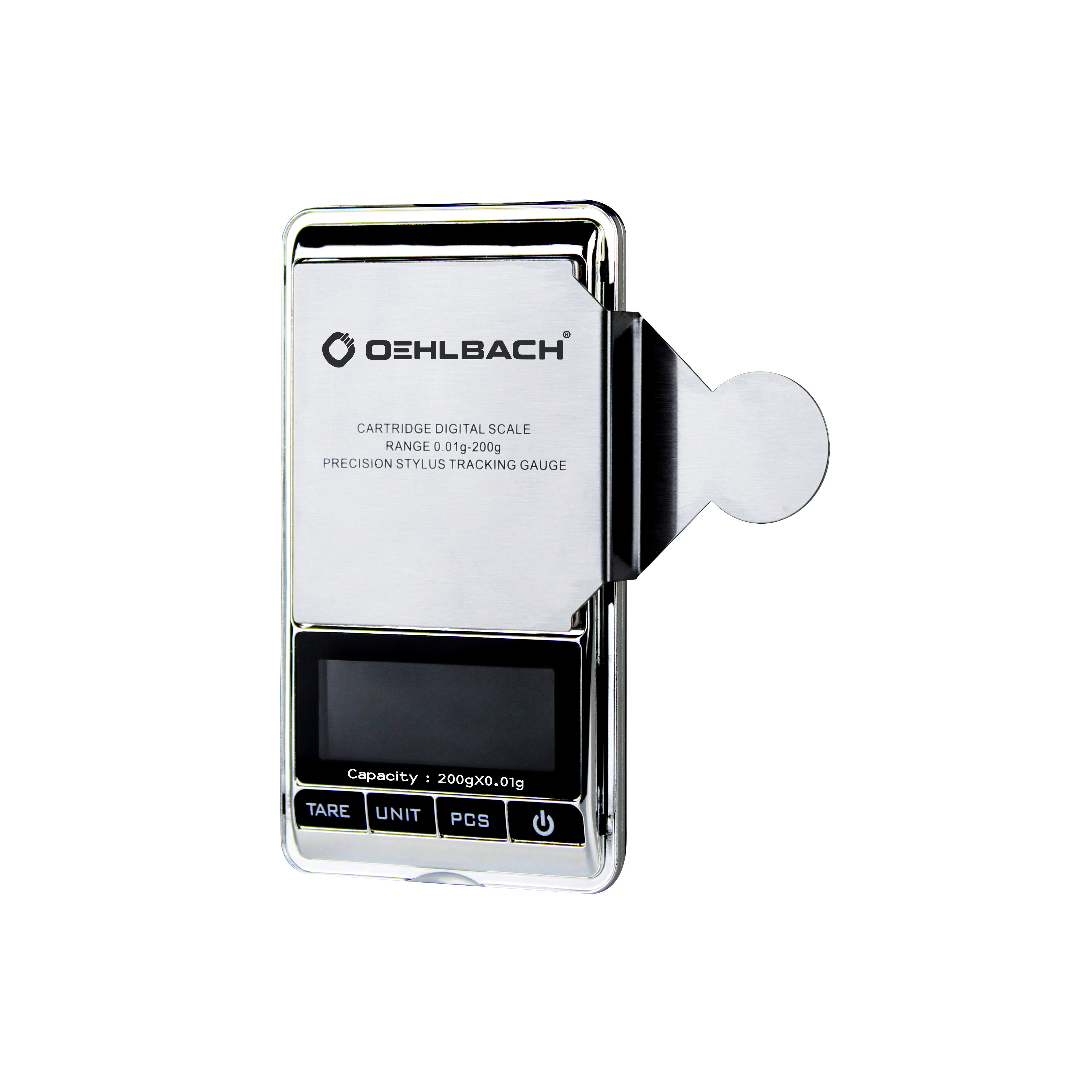 Digitalwaage für Präzisionsmessungen, metallisches Finish mit schwarzem Display und Halter.