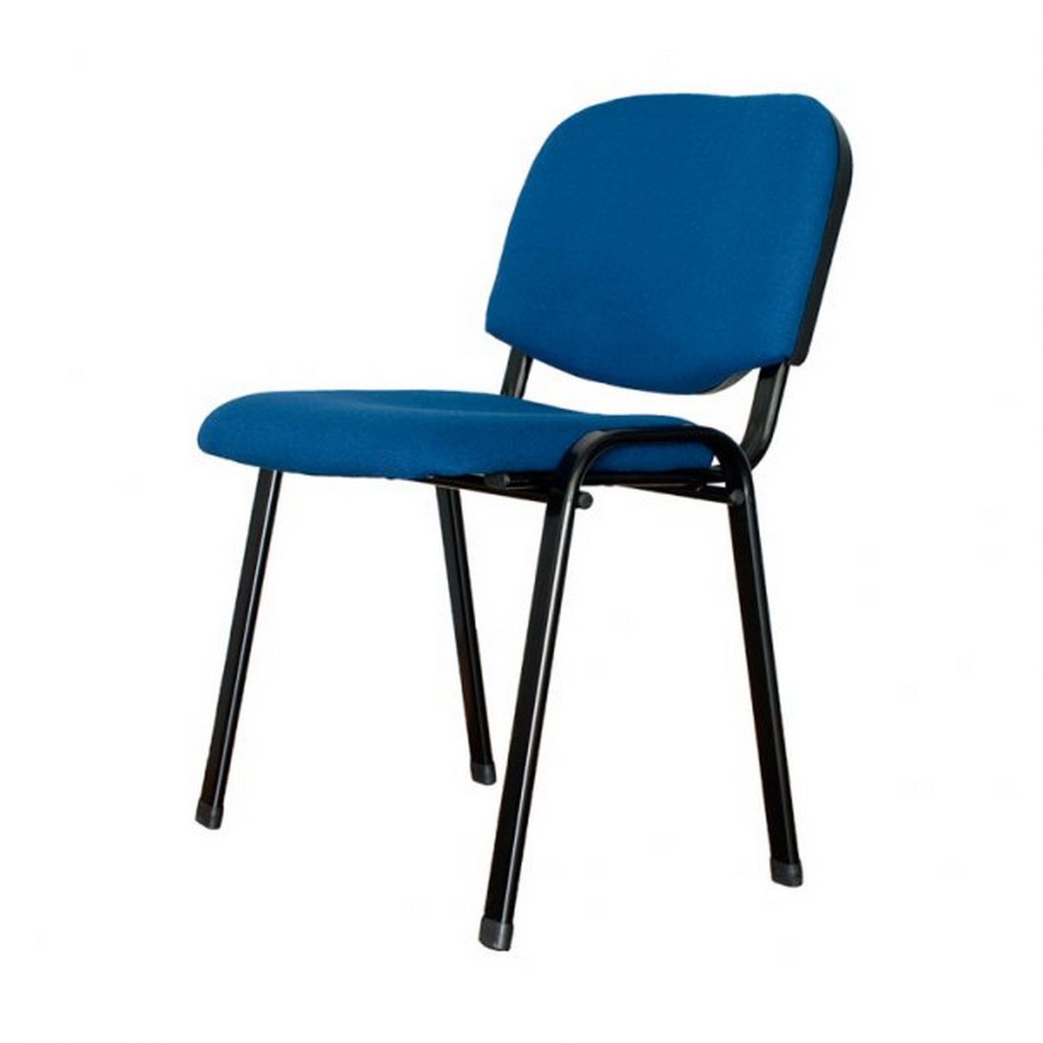 Una silla azul con estructura de metal negro, diseñada con cuatro patas y respaldo.