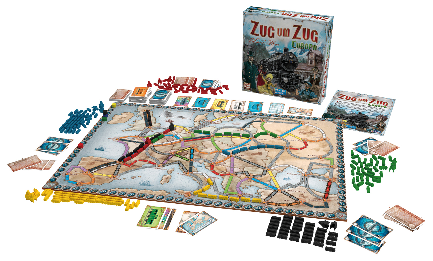 Ticket to Ride Brettspiel. Eine Karte, Karten, Züge und die Spielbox sind sichtbar.