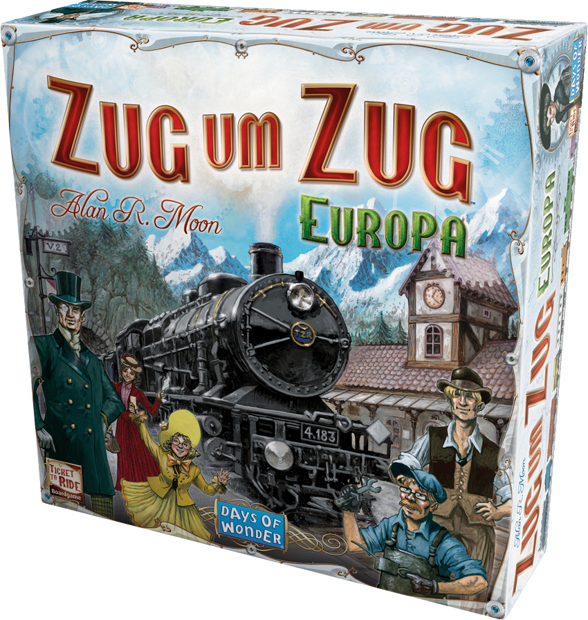 Brettspielbox. Zug vorne, betitelt 'Zug um Zug Europa' von Alan R. Moon. Menschen drumherum.
