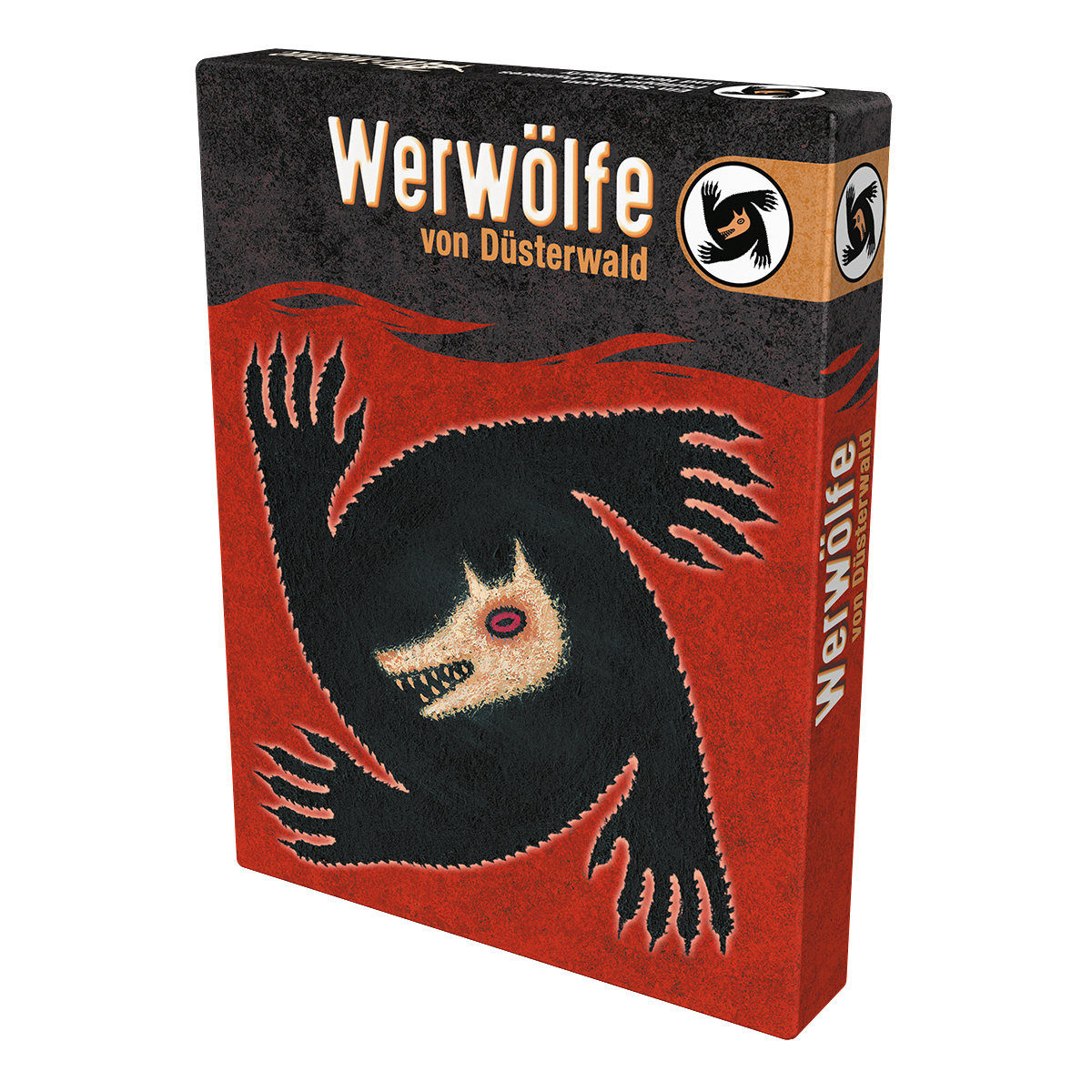 Schachtel des Werwölfe Brettspiels. Schwarze Wolfsillustration auf rot-schwarzem Hintergrund, Text Werwölfe.