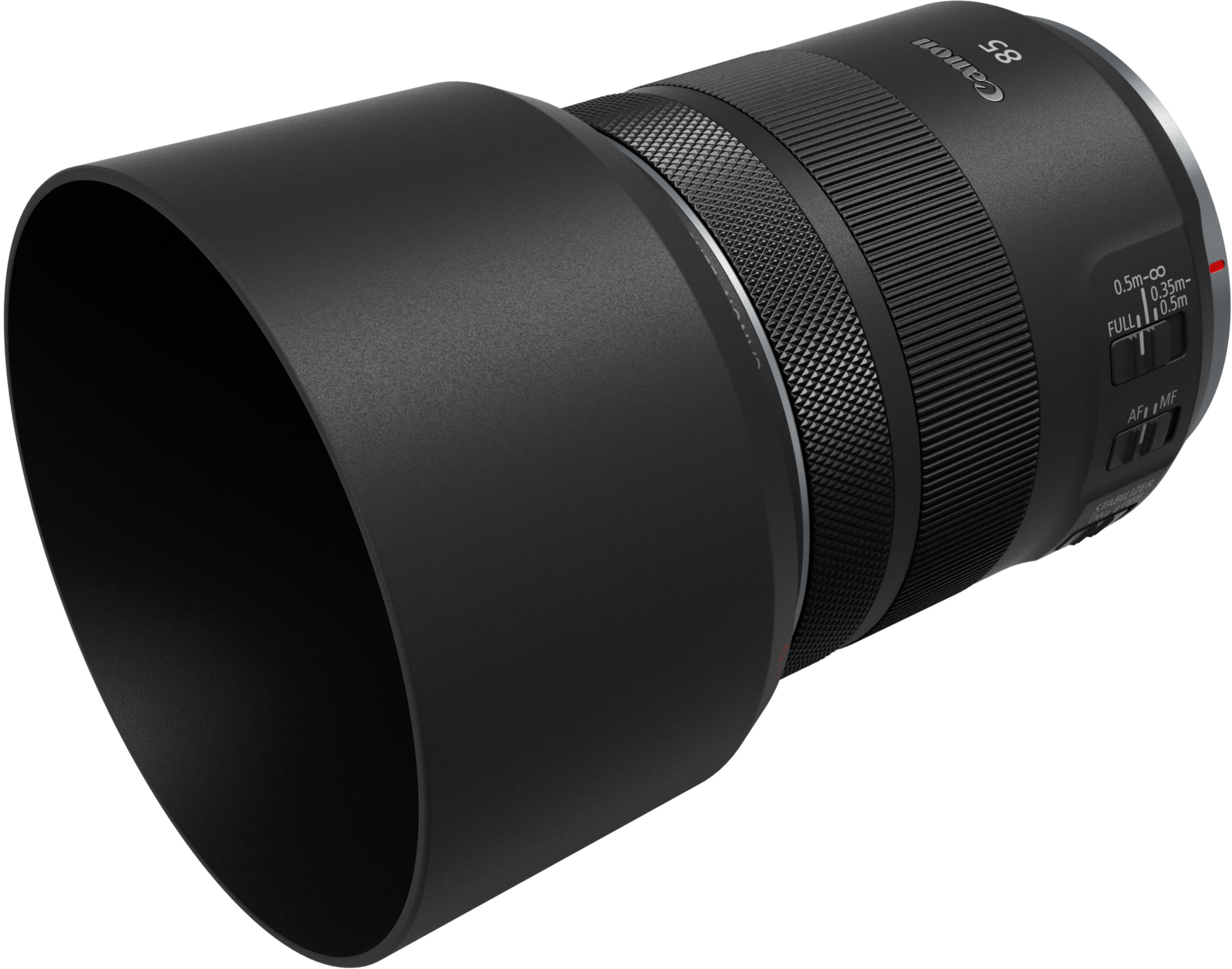 Schwarzes Canon-Objektiv mit Gegenlichtblende und Einstellringen, vor weißem Hintergrund.